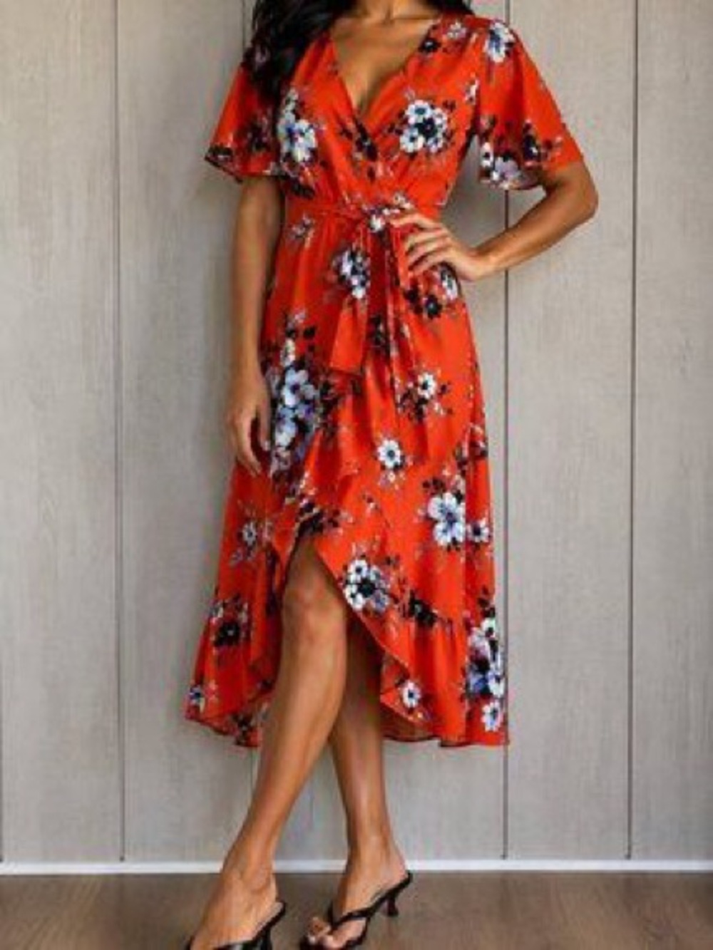 Monteβs Los Angeles Orange flora wrap dress size Large